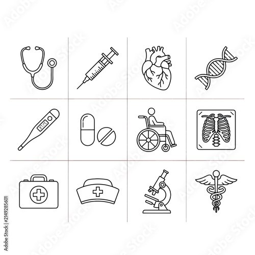 Medical Icons Set: A collection of clean, minimalist line icons representing various aspects of healthcare and medicine, including a stethoscope, syringe, heart, DNA, thermometer, pills, wheelchair.