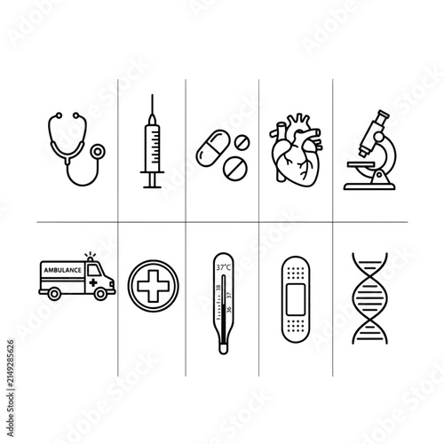 Medical Icons Set: A collection of clean, linear medical icons representing various aspects of healthcare, including a stethoscope, syringe, pills, heart, microscope, ambulance, cross, thermometer.