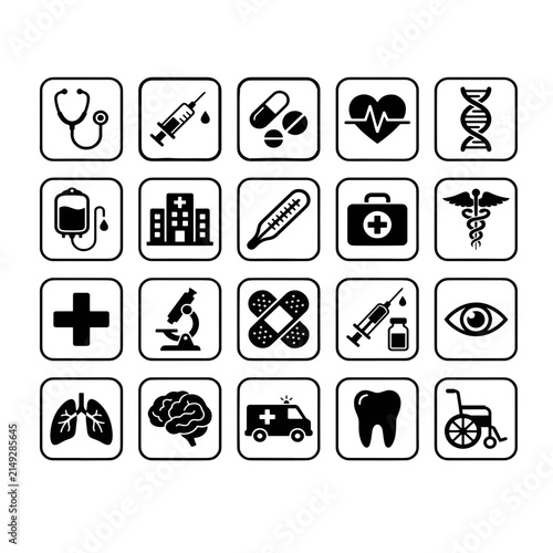 Medical Icons Set: A comprehensive collection of flat design icons representing various aspects of healthcare.