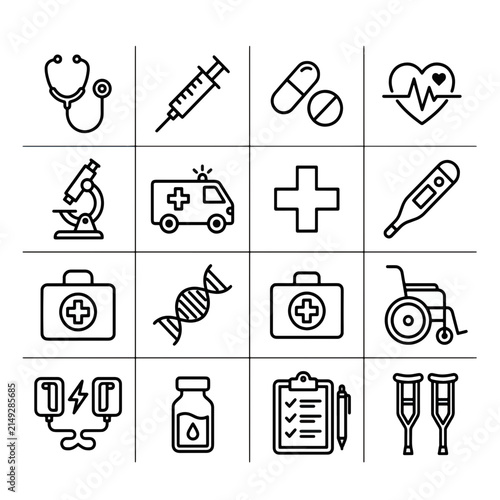 Medical Icons Set: A collection of clean, minimalist icons representing essential medical tools and symbols, ideal for healthcare and science-related designs.