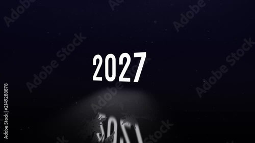 2026-2027. New Year concept animation. Camera movement around the years 2026-2027 floating over a shiny floor