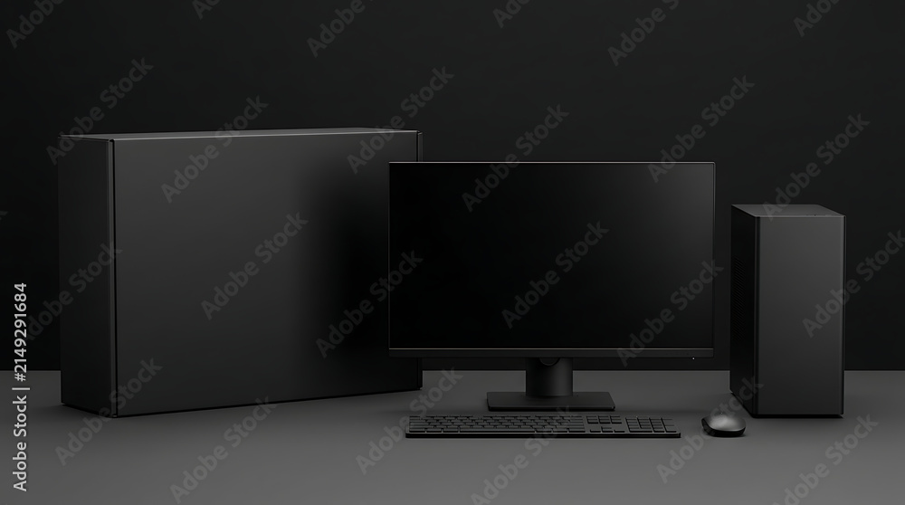 Fototapeta premium Sleek matte black desktop computer workstation setup with packaging box mockup