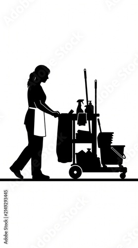 Silhouette of a diligent cleaner pushing a cart filled with cleaning supplies