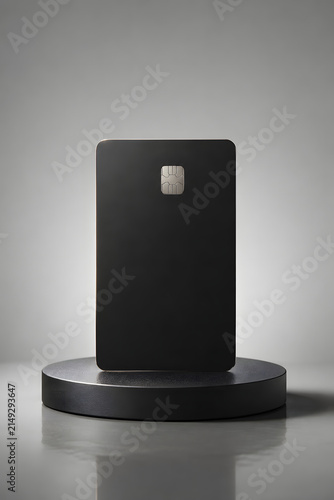Black credit card mockup on a pedestal with soft lighting and a gradient background