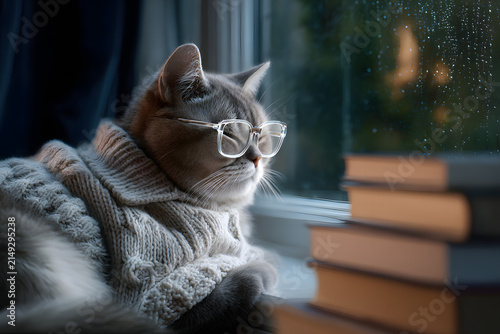 Cozy British Shorthair Cat Wearing Wool Cardigan Reading by Rainy Window in Warm Evening Light