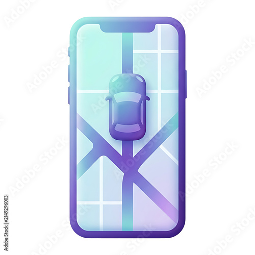 Smartphone screen showing gradient map with car icon on intersecting streets, teal and purple GPS navigation app for ride sharing and travel tracking concepts
