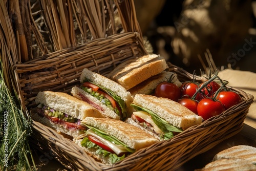 A summer picnic basket filled with fresh snacks and vegetable sandwiches