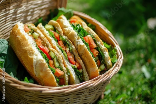 A picnic basket for an outdoor picnic with fresh vegetable sandwiches and healthy snacks