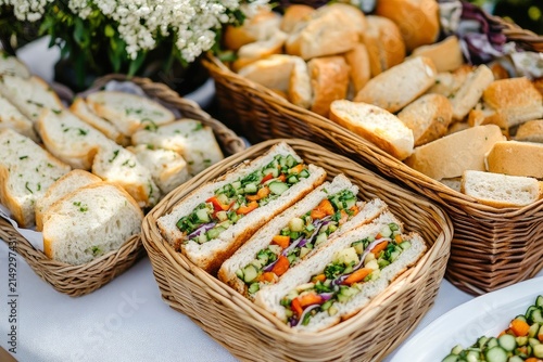 A rustic-style outdoor picnic with homemade vegetable sandwiches in baskets and appetizers