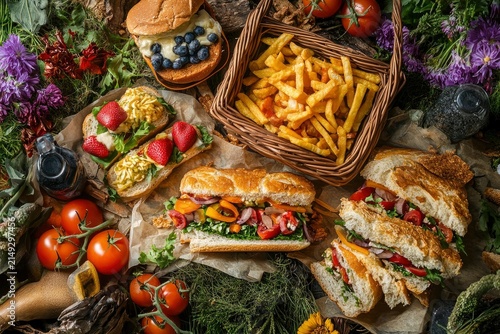 A cozy summer picnic with vegetable sandwiches, vegetables, and appetizers