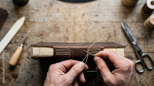 Bookbinder stitching a leather bound journal by hand with needle and thread