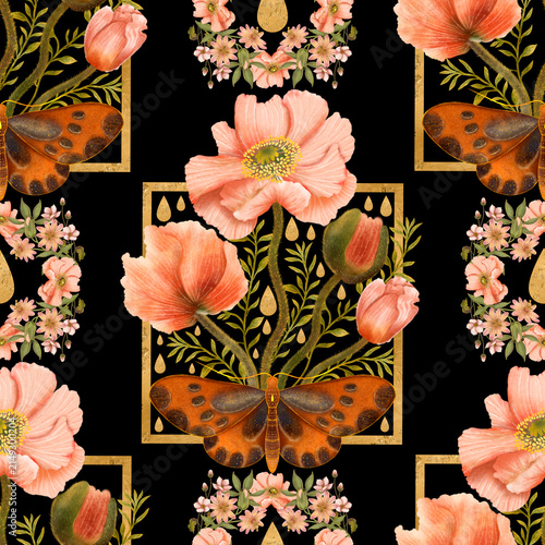 Cuadro en lienzo Dark aesthetic seamless botanical pattern with brown butterflies, peach poppy flowers, and golden geometric frames isolated on a black background