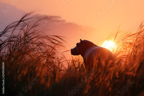 Sunrise Silhouette of a Pygmy Hippopotamus Among Tall Tropical Grasses with Warm Rim Light and Morning Haze