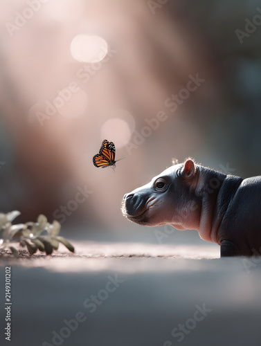 Curious Young Pygmy Hippopotamus Gently Watching a Vibrant Butterfly in a Sunlit Rainforest Clearing