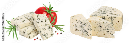 Fotografía Blue cheese slices with rosemary isolated on white background full depth of field