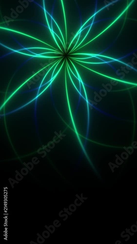 Green neon curves radiate in a vertical abstract floral pattern for Halloween club party visuals and mobile video backgrounds