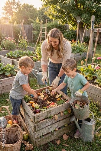 A woman and two boys are working in a garden.