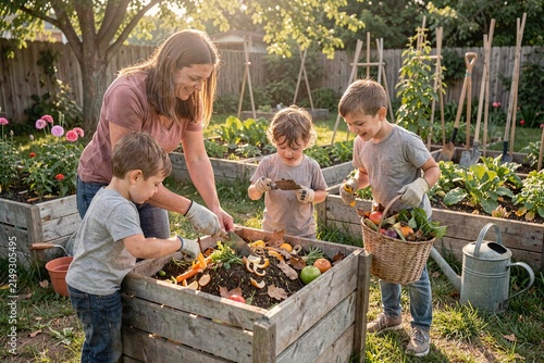 A woman and three boys standing around a wooden box filled with vegetables.