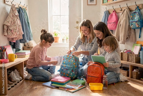 A family is doing their morning routine with the kids