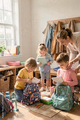 A family is doing their morning routine with the kids