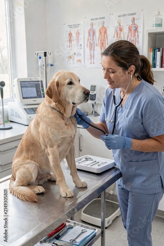A woman in a blue scrubs is petting a brown dog.