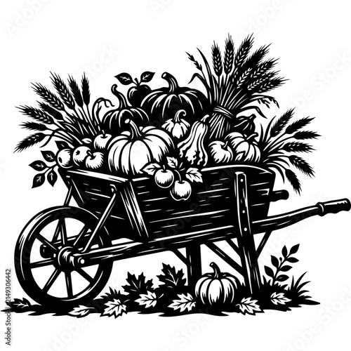 Vintage autumn harvest wheelbarrow vector, rustic woodcut pumpkins and wheat, black and white fall garden bounty illustration
