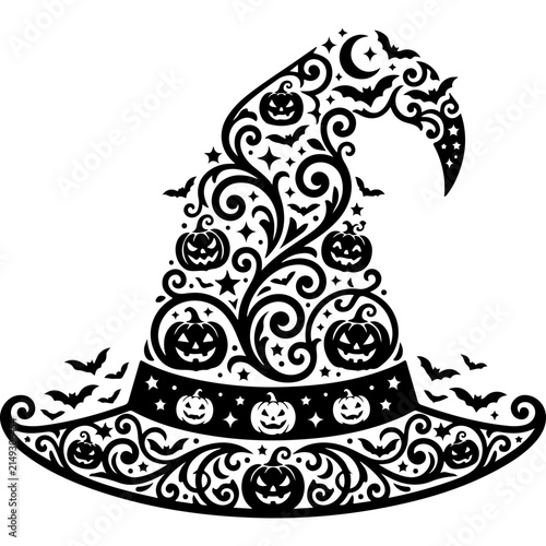Ornate witch hat vector with pumpkins and bats, decorative Halloween silhouette, intricate filigree sorceress cap for spooky seasonal branding