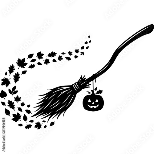 Witch broom silhouette with flying autumn leaves. Halloween pumpkin lantern hanging on magic broomstick. Spooky seasonal vector illustration.