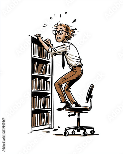 Desperate Reach for Knowledge: A flustered individual with disheveled hair and glasses precariously climbs a rolling chair to reach a book on a tall, overloaded bookshelf.