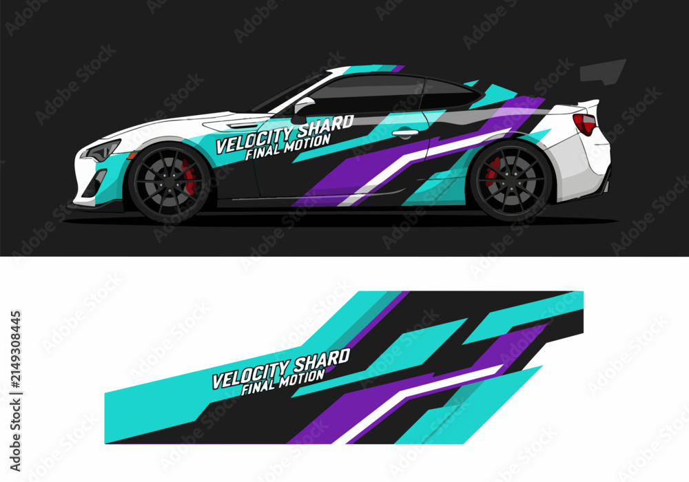 Fototapeta premium White sports car with colorful racing decals and design