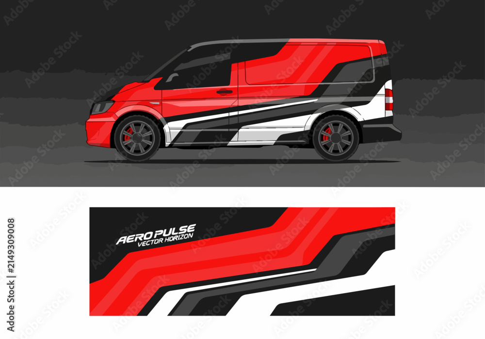 Naklejka premium Red racing van with dynamic vector graphics wrap design