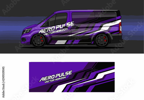 Purple racing van with dynamic vector horizon design wrap