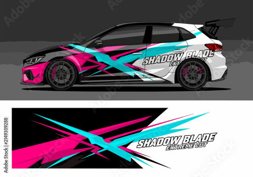 Custom car wrap with vibrant geometric design and decal