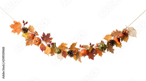 Long Hanging Autumn Leaf Garland Banner with Colorful Fall Foliage Isolated