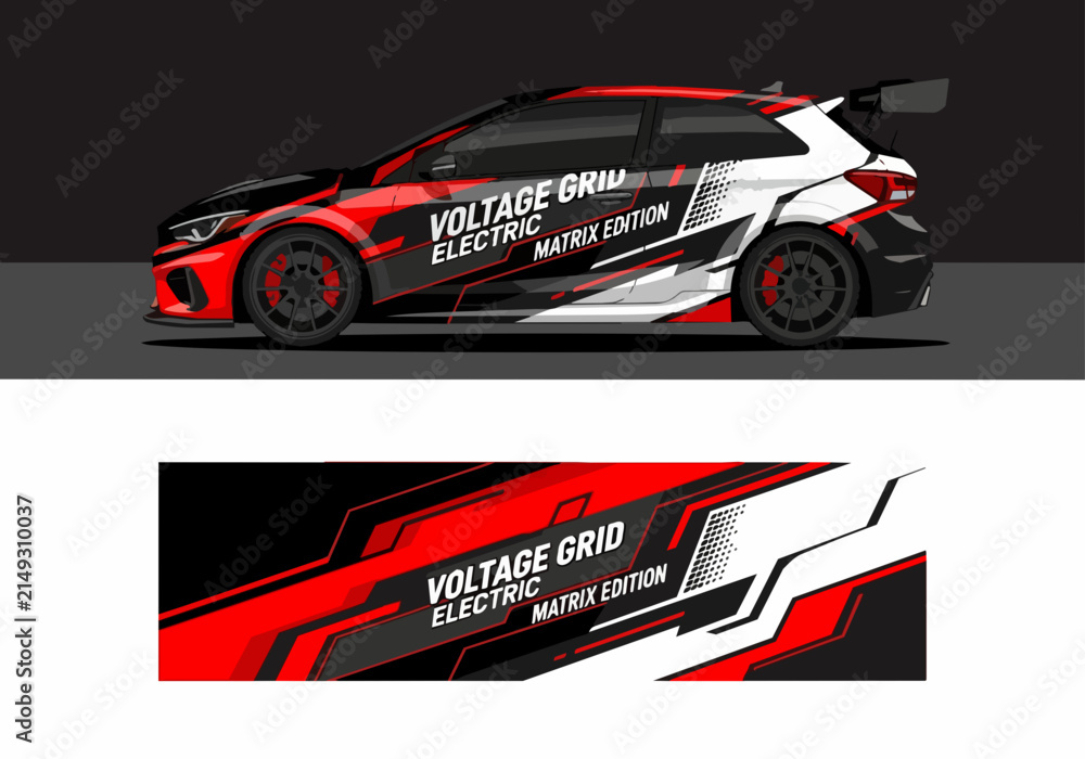 Fototapeta premium Red and black electric race car with dynamic graphics