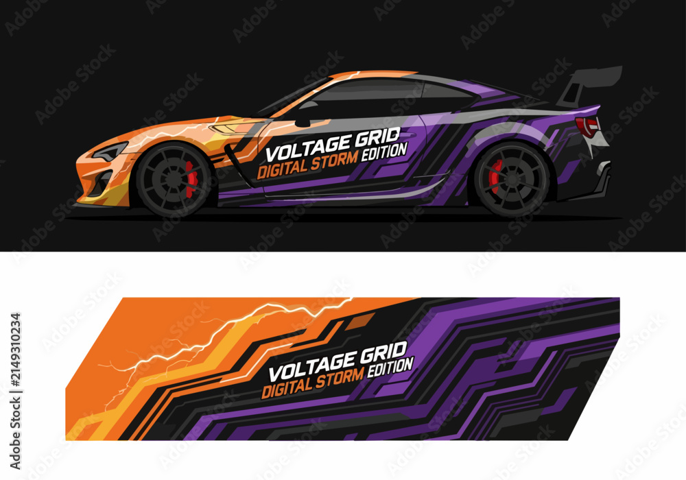 Fototapeta premium Futuristic sports car with digital storm graphics and neon accents
