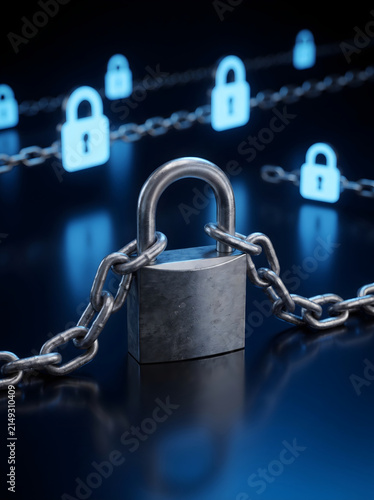Metal padlock with heavy steel chain on a dark background representing digital security concept