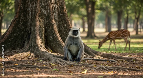 Monkey sitting under tree with deer.