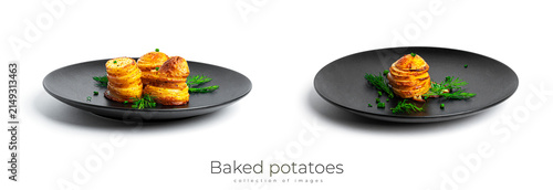 Photography Baked potatoes with herbs on white plate isolated on a white background
