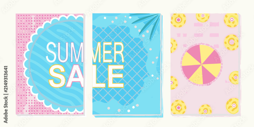 Fototapeta premium Floral ornament and geometric pattern designs in pastel shades showcasing a summery aesthetic for promotional graphics colors light blue pink yellow hue summer