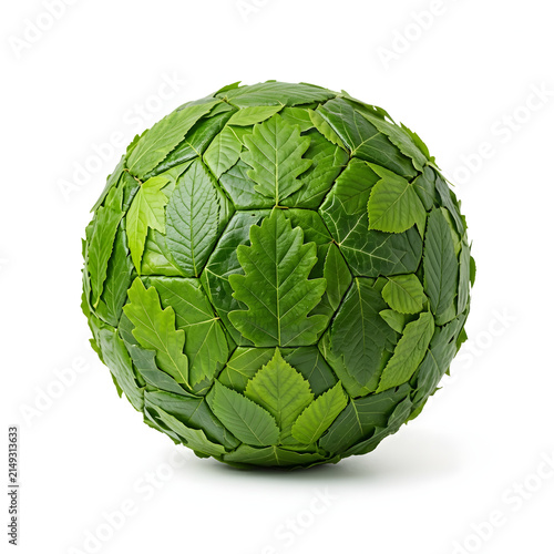 Green spherical object made of various leaves on white background