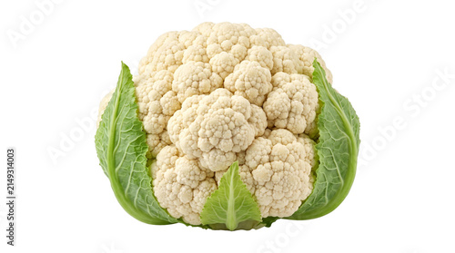Fotografía Fresh whole raw cauliflower with small green leaves around its base, ready for cooking