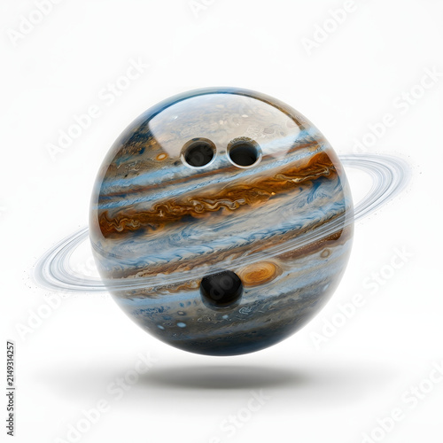Creative bowling ball designed to resemble planet Jupiter with rings