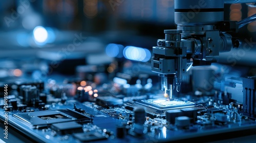 Embedded System firmware control automation intelligent devices industrial evolution selective focus robotics laboratory futuristic Composite embedded development bench. 