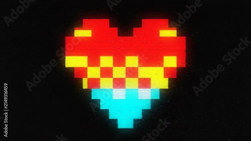 Pixelated Heart with Digital Glitch Effect on Black Background.