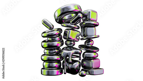 3D Stack of Iridescent Glossy Metallic Shapes on White