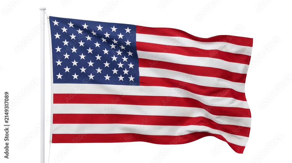 Fototapeta premium American flag with stars and stripes waving on pole against clear space isolated on transparent background.