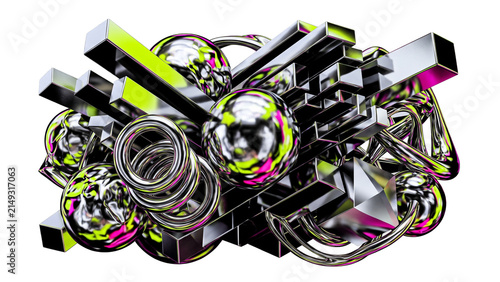 Abstract Futuristic 3D Geometric Chrome Shapes with Neon Reflections