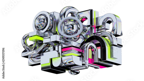 Abstract 3D Metallic Geometric Shapes with Neon Accents