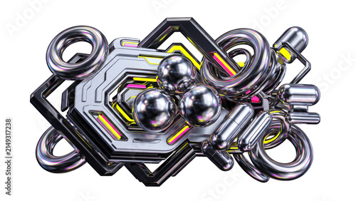 Abstract 3D Futuristic Chrome Geometric Composition with Neon